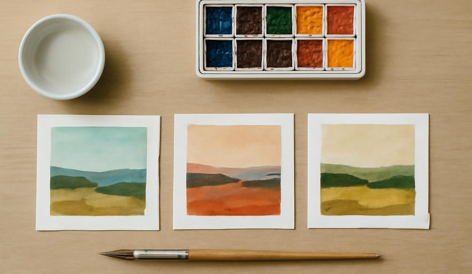 Three small color studies showing different palettes on the same composition