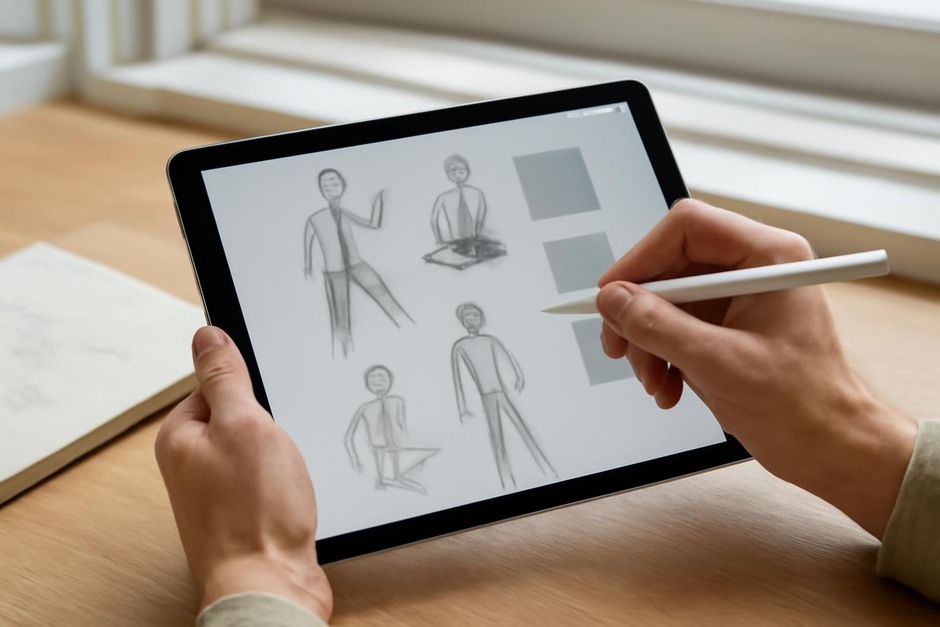 Artist sketching simple gestures and value blocks on a tablet