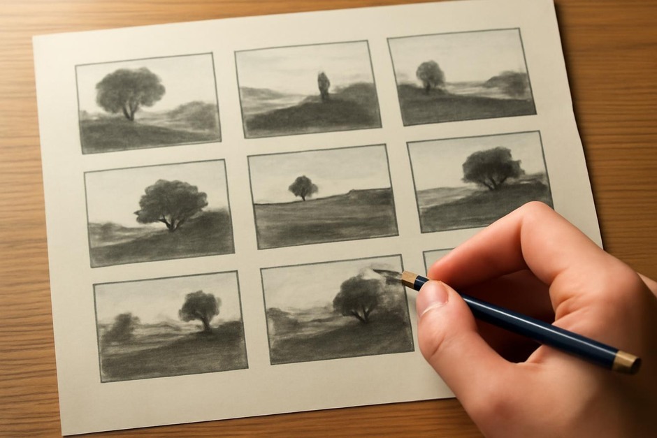 A grid of compositional thumbnails exploring silhouette and focal points