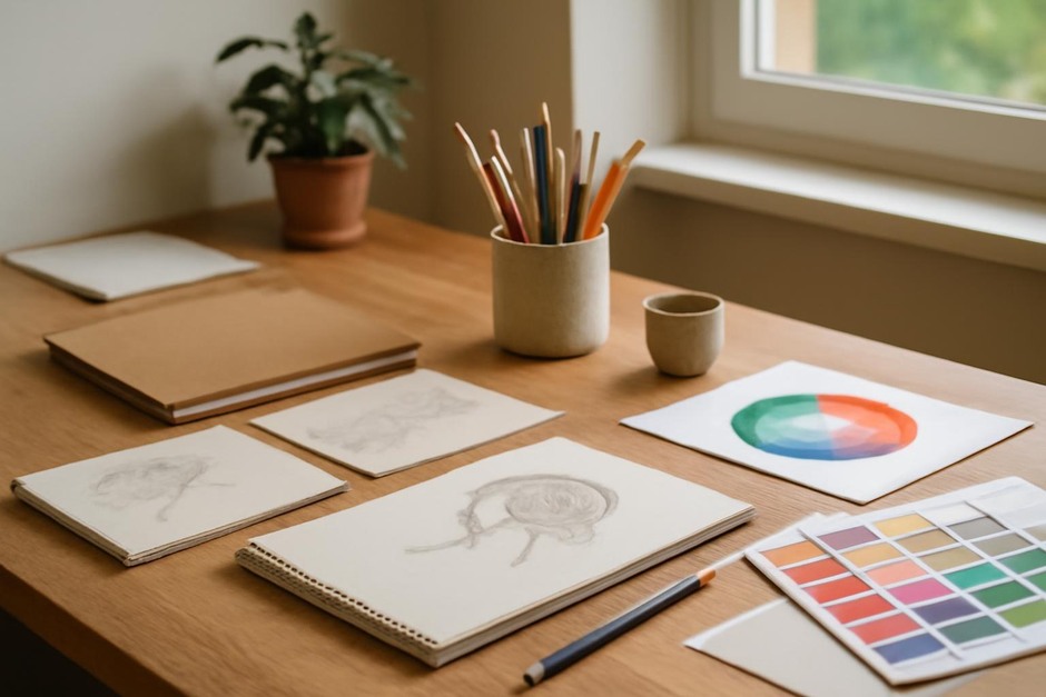 Abstract art desk with color swatches, brush marks, and sketchbook studies.