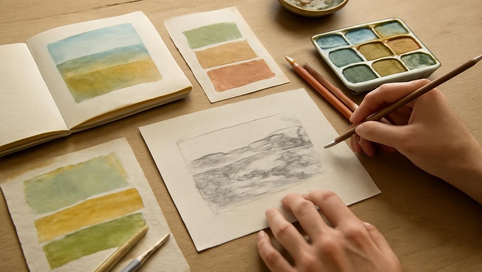 Bright studio image with paint textures, paper layers, and geometric color blocks.